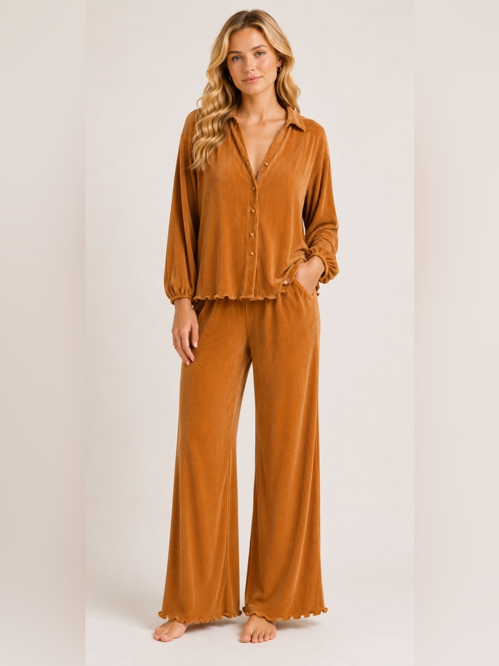 NWT ACOA Gold Pleated Set Button Front Top Wide Leg Pants 25581